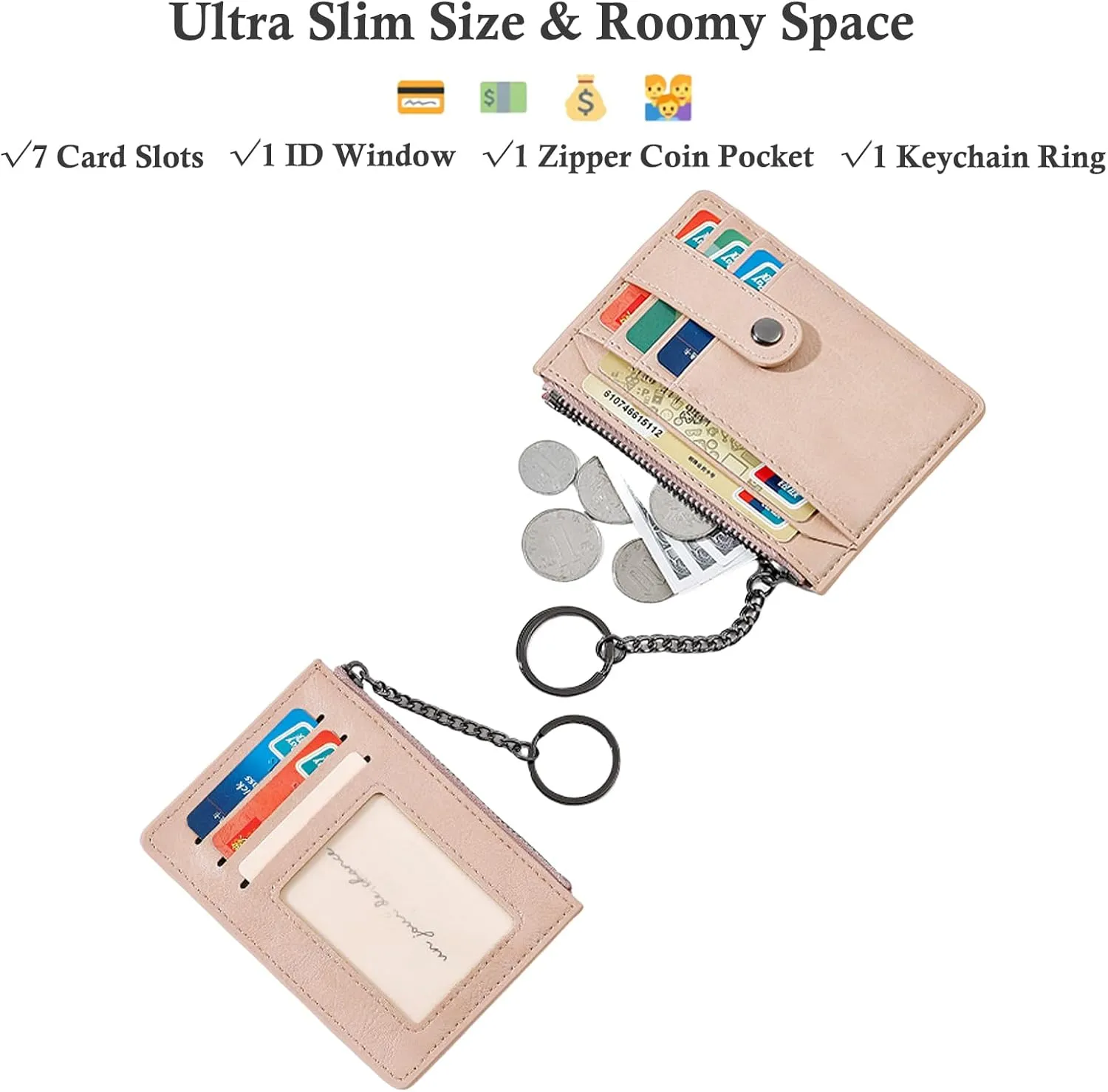 Small Wallet for Women Slim RFID Blocking Credit Card Holder Minimalist Keychain Wallet with Zipper Pocket