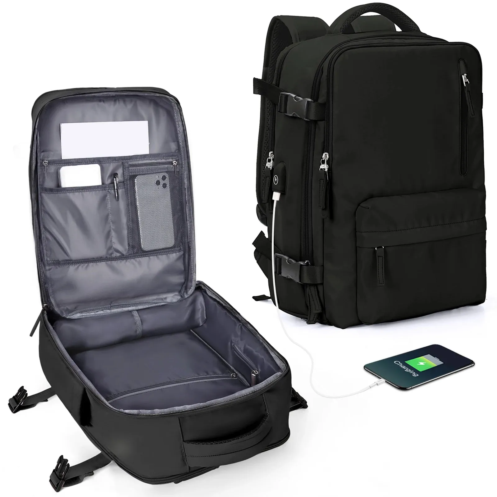 Sohiwoo Nylon Backpack, Business Travel Backpack with USB Port for Women Men, Weekender Airline Approved Anti-Theft Laptop Backpack