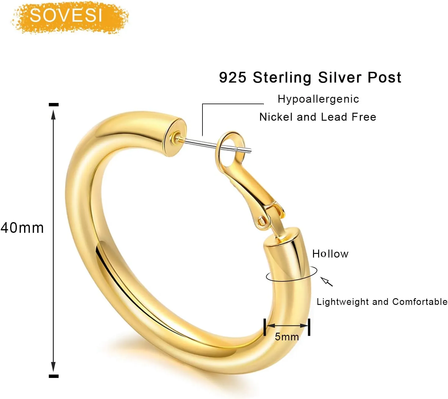 sovesi Chunky Gold Hoop Earrings for Women with 925 Sterling Silver Post, 14K Gold Plated Small Thick Gold Hoops Earrings for Women