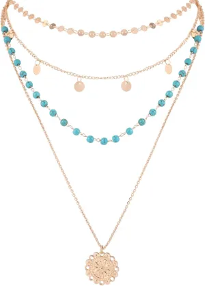 Stacked Necklace for Women, Stacked Pendant Necklace Turquoise Beaded Chain Western Bohemian Jewelry for Country Beach Daily Wearing