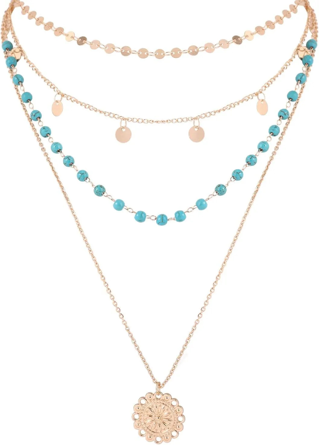 Stacked Necklace for Women, Stacked Pendant Necklace Turquoise Beaded Chain Western Bohemian Jewelry for Country Beach Daily Wearing