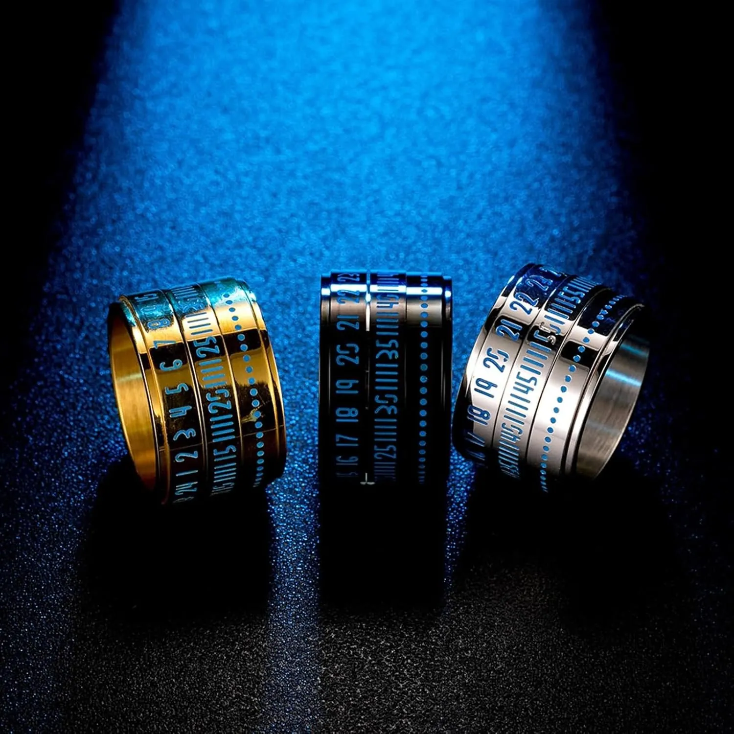 Stainless Steel Rings for Women, 14MM Arabic Numerals Time Luminous Rotatable Spinner Ring, Silver/Black/Gold Size 7-12