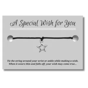 Star Charm Black Wish Bracelet, Hemp with Silver Tone Hollow Charm on Printed Card, Adjustable Size up to 12 inches, Unisex Friendship Bracelet, Spiritual Celestial Lover Gift