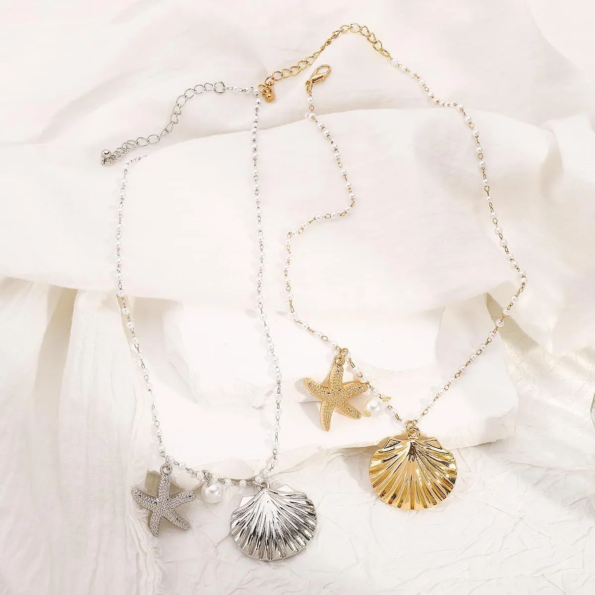 Starfish Necklace Gold Beach Jewelry for Women Pearl Seashell Necklace Cowrie Shell Beach Necklaces Ocean Summer Starfish Jewelry