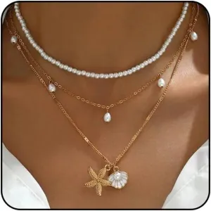 Starfish Necklace Gold Beach Jewelry for Women Pearl Seashell Necklace Cowrie Shell Beach Necklaces Ocean Summer Starfish Jewelry