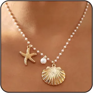 Starfish Necklace Gold Beach Jewelry for Women Pearl Seashell Necklace Cowrie Shell Beach Necklaces Ocean Summer Starfish Jewelry