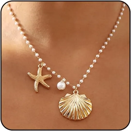 Starfish Necklace Gold Beach Jewelry for Women Pearl Seashell Necklace Cowrie Shell Beach Necklaces Ocean Summer Starfish Jewelry