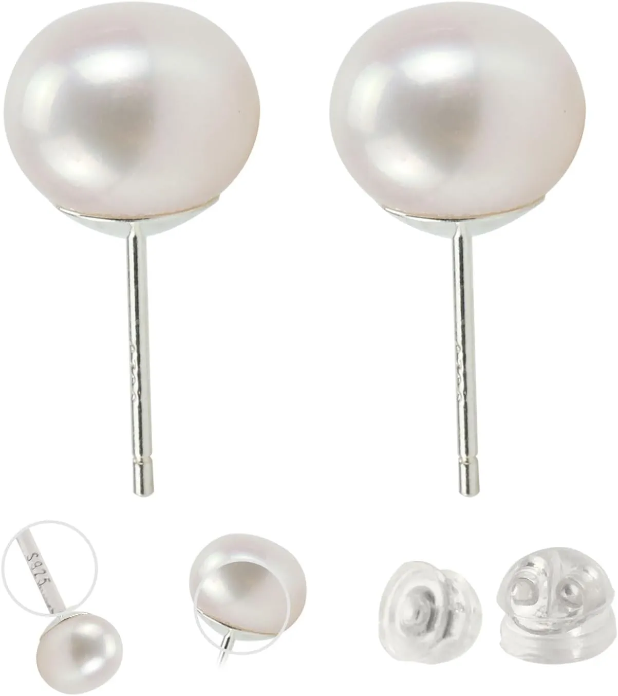 Sterling Silver Earrings, Pearl Stud Earrings for Women, AAAAAA  Quality Handpicked Freshwater Pearl Earrings, helix piercing jewelry hypoallergenic,8.5 mm Nucleus-Free Pearl, White