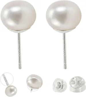 Sterling Silver Earrings, Pearl Stud Earrings for Women, AAAAAA  Quality Handpicked Freshwater Pearl Earrings, helix piercing jewelry hypoallergenic,8.5 mm Nucleus-Free Pearl, White
