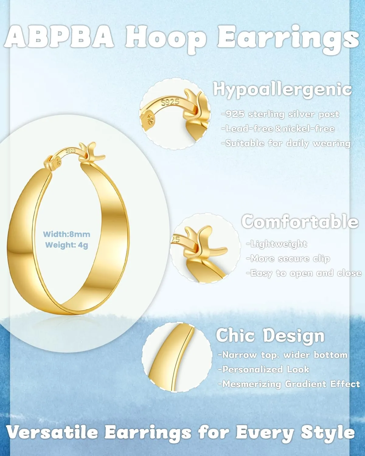 Sterling Silver Hoop Earrings, 8MM Wide Hypoallergenic Silver Hoop Earrings for Women, Lightweight Thick Large Hoops Earring for Women Jewelry Gifts 30/40/50/60MM