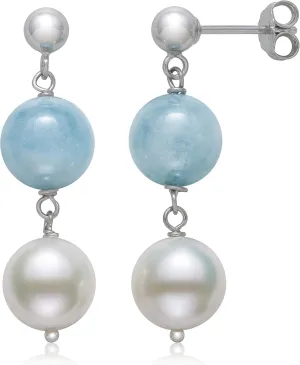 Sterling Silver Natural Aquamarine and White Cultured Freshwater Pearl Drop Dangle Earrings