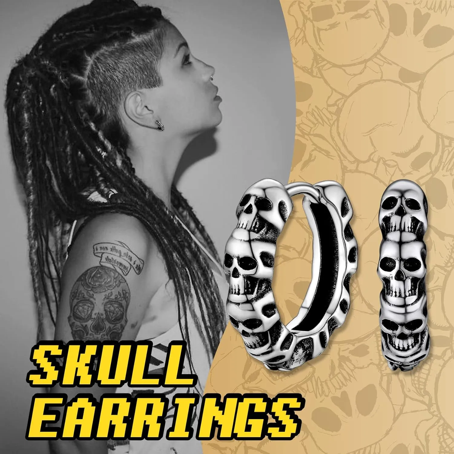 Suplight Vintage 10mm Cuban Chain/Skull Skeleton/Infinity Symbol Hoop Earrings, 925 Sterling Silver/Black Plated Huggie Hoop Earrings for Men Women (with Gift Box)