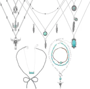 Sureio 6 Pcs Women Boho Necklace Western Black Leather Velvet Long Choker Turquoise Necklace Cowgirl Jewelry with Bag