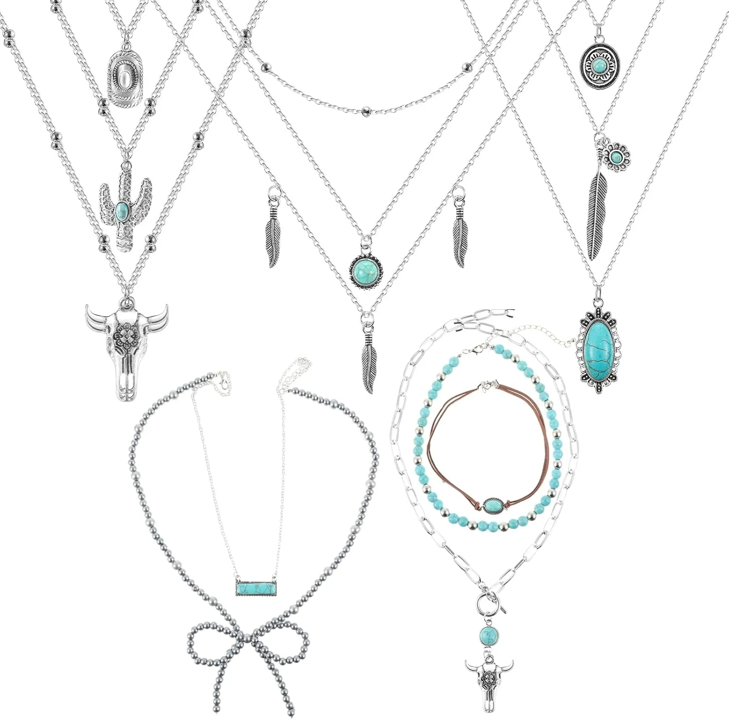 Sureio 6 Pcs Women Boho Necklace Western Black Leather Velvet Long Choker Turquoise Necklace Cowgirl Jewelry with Bag