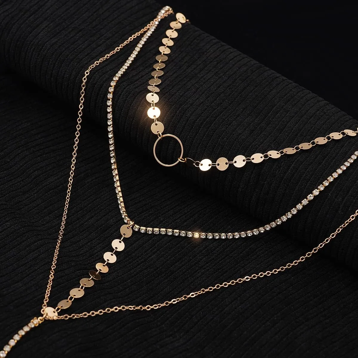 Suyi Stylish Layered Sequins Choker Necklace with Thin Long Chian Pendant for Women Lady