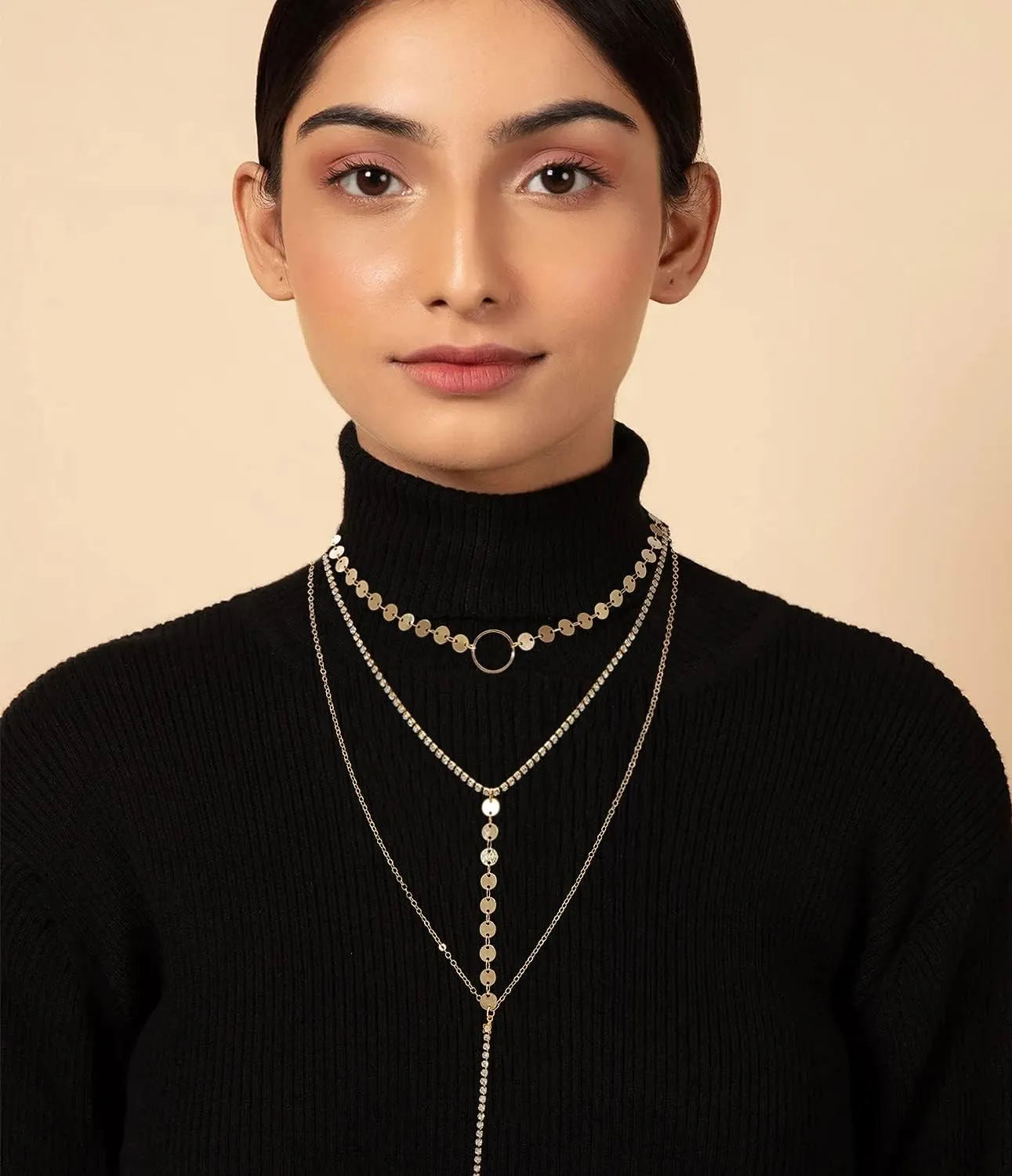 Suyi Stylish Layered Sequins Choker Necklace with Thin Long Chian Pendant for Women Lady