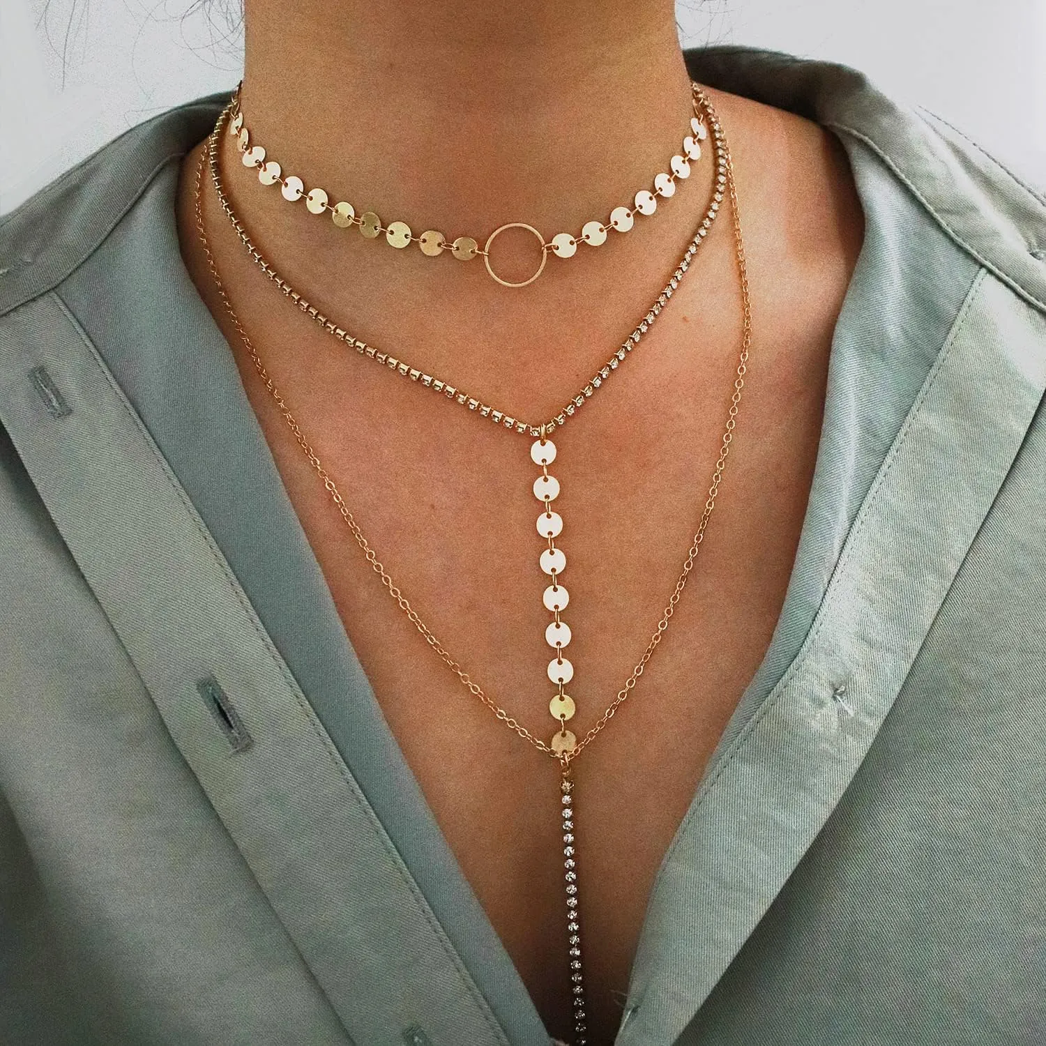Suyi Stylish Layered Sequins Choker Necklace with Thin Long Chian Pendant for Women Lady