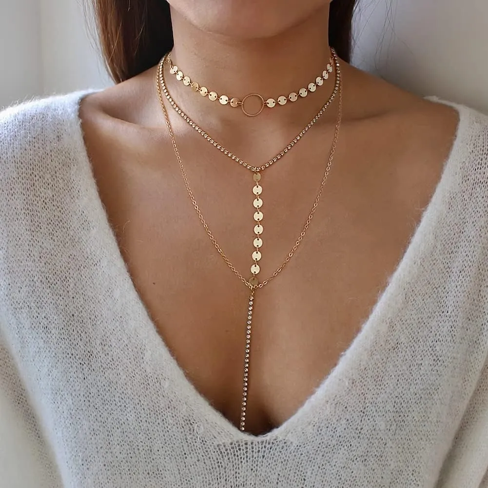 Suyi Stylish Layered Sequins Choker Necklace with Thin Long Chian Pendant for Women Lady