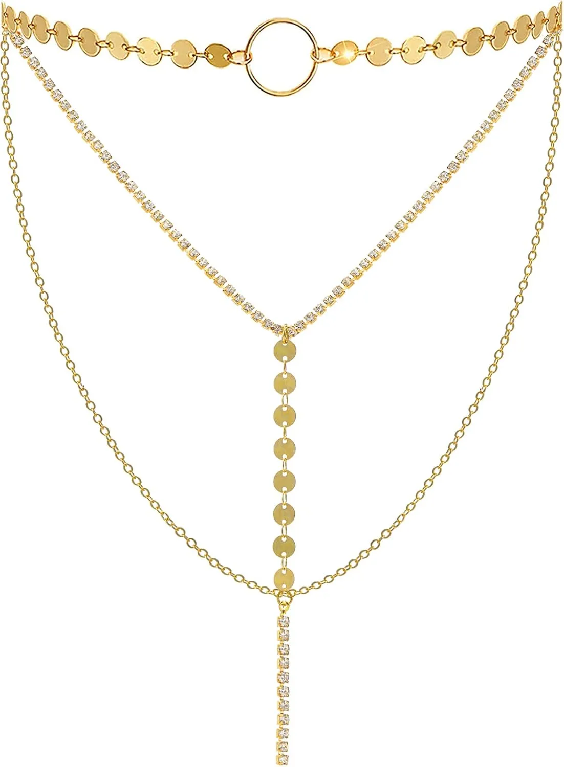Suyi Stylish Layered Sequins Choker Necklace with Thin Long Chian Pendant for Women Lady