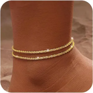 Tasiso Gold/Silver Ankle Bracelets for Women,14K Gold Anklets for Women Waterproof Sparkly Chain Rhinestone Anklets Set Stackable Layered Anklet Bracelets for Women Beach Gold Jewelry Gift