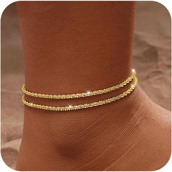 Tasiso Gold/Silver Ankle Bracelets for Women,14K Gold Anklets for Women Waterproof Sparkly Chain Rhinestone Anklets Set Stackable Layered Anklet Bracelets for Women Beach Gold Jewelry Gift