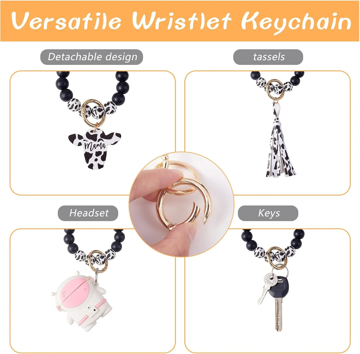Tassel Keychain Bracelet Wristlet, Silicone Beaded Key Ring Bracelet With Card Wallet, Elastic Keyring Bangle