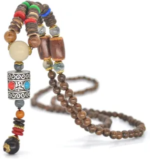 tenghong2021 Wooden Beaded Necklaces Vintage Handmade Nepal Mala Wood Beads Meditation Prayer Necklace Ethnic Long Statement Sweater Chain Necklace