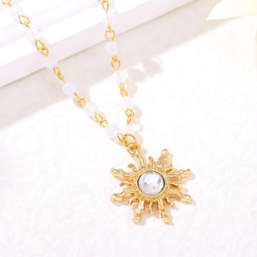 Tgirls Boho Beaded Necklace Crystal Sun Pendant Necklaces Opal Hippie Sun Choker Necklace Seed Bead Necklace Jewelry for Women