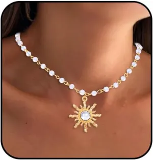 Tgirls Boho Beaded Necklace Crystal Sun Pendant Necklaces Opal Hippie Sun Choker Necklace Seed Bead Necklace Jewelry for Women