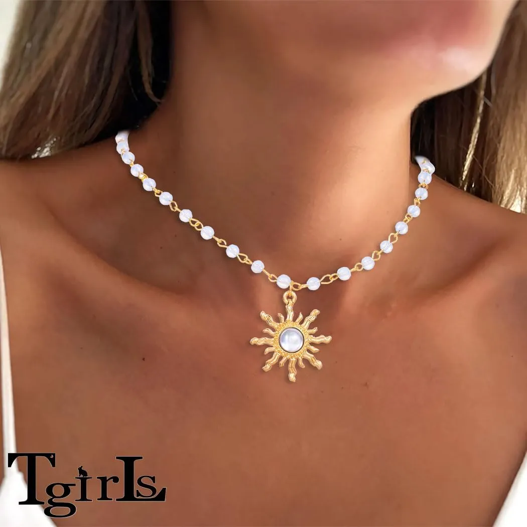 Tgirls Boho Beaded Necklace Crystal Sun Pendant Necklaces Opal Hippie Sun Choker Necklace Seed Bead Necklace Jewelry for Women