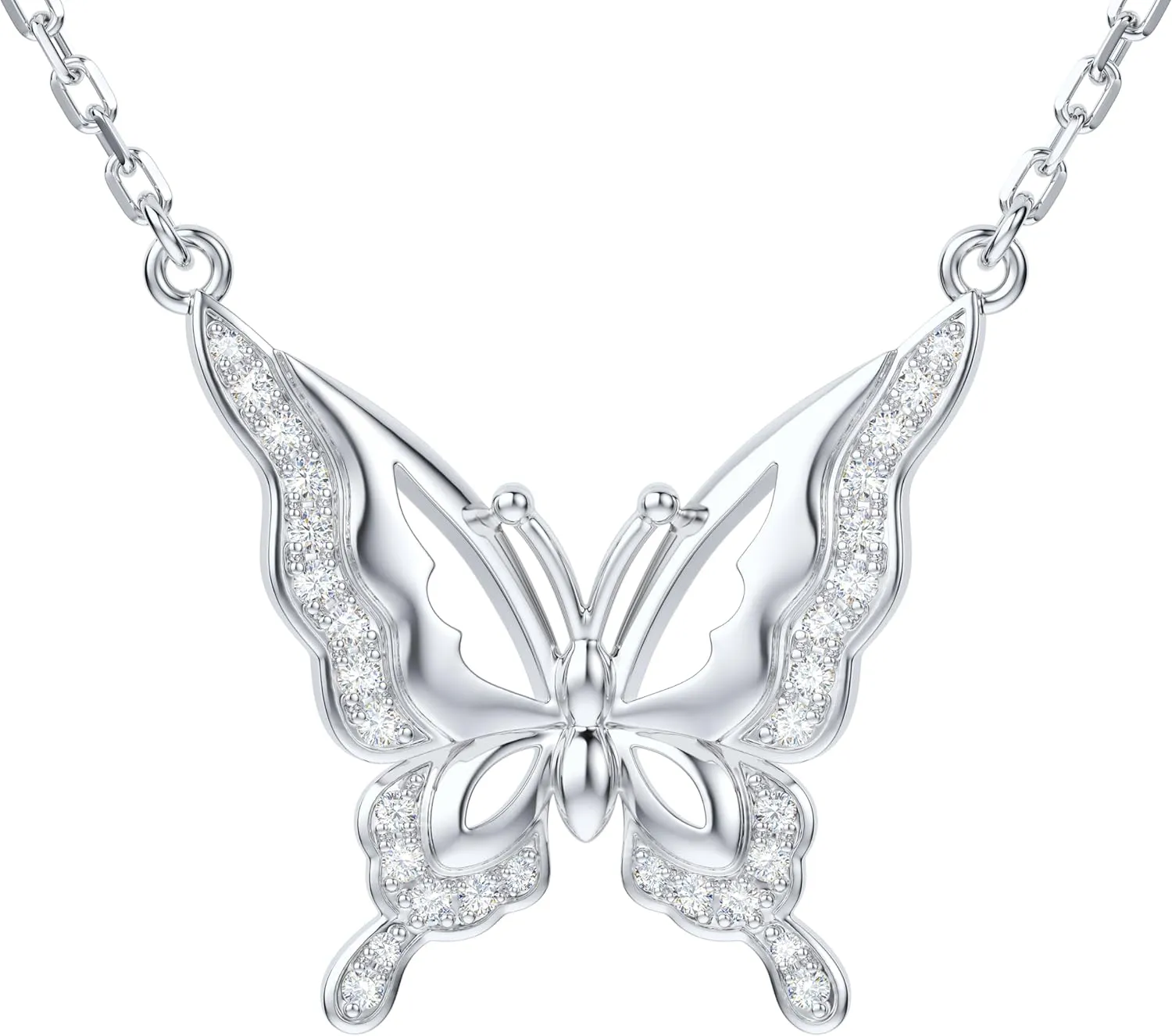 THELANDA Genuine Moissanite Sterling Silver Butterfly Pendant Necklace, Adjustable 18-20 Inch, Elegant Jewelry for Women