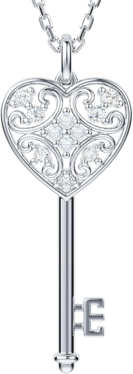 THELANDA Genuine Moissanite Sterling Silver Classic Filigree Key Pendant Necklace, Adjustable 18-20 Inch Chain with Lobster Clasp, Elegant Fine Jewelry Gift for Women