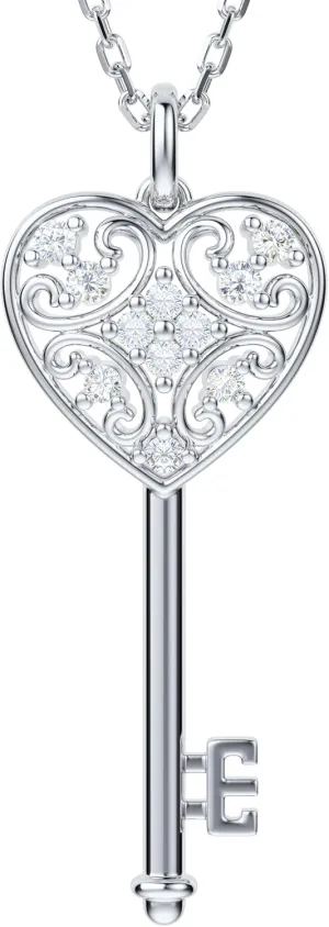 THELANDA Genuine Moissanite Sterling Silver Classic Filigree Key Pendant Necklace, Adjustable 18-20 Inch Chain with Lobster Clasp, Elegant Fine Jewelry Gift for Women