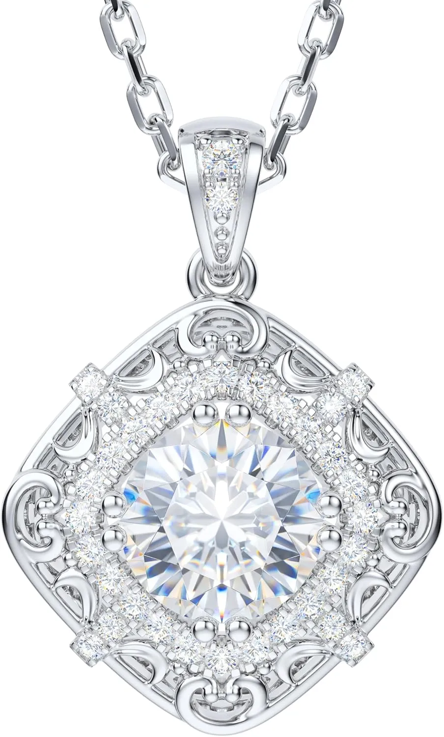 THELANDA Genuine Moissanite Sterling Silver Vintage Classic Filigree 2 Carat Pendant Necklace, Adjustable 18-20 Inch Chain with Lobster Clasp, Elegant Jewelry Gift for Women
