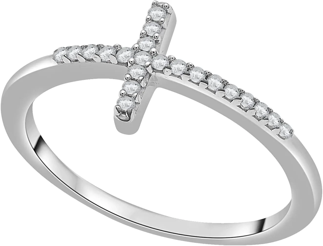 Timeless Love 0.08 CT Diamond Accent Sideways Cross Ring Set in Polished Sterling Silver, 0.82"x0.33" Faith Ring, Dainty Jewelry for Women, Womens Fashion Rings, Diamond Luxury Ring for Women, Size 7