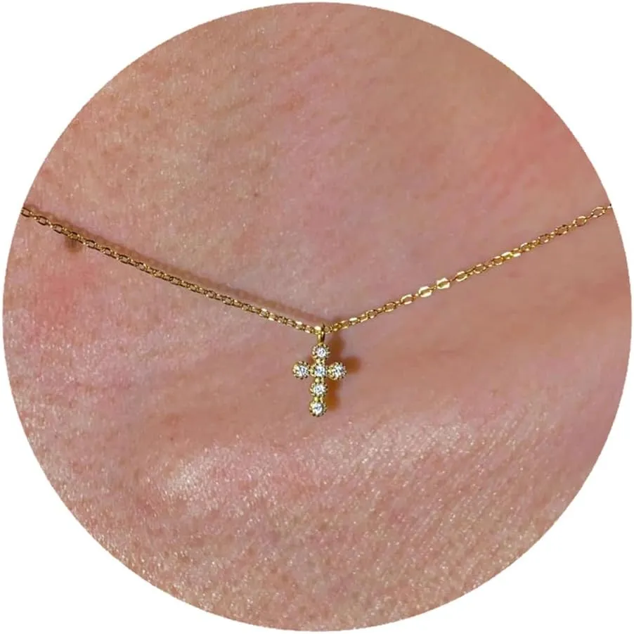 Tiny Cross Pendant Necklace, 18K Gold Plated Cubic Zirconia Small Diamond Cross Necklaces Dainty Elegant Jewelry Gift for Women