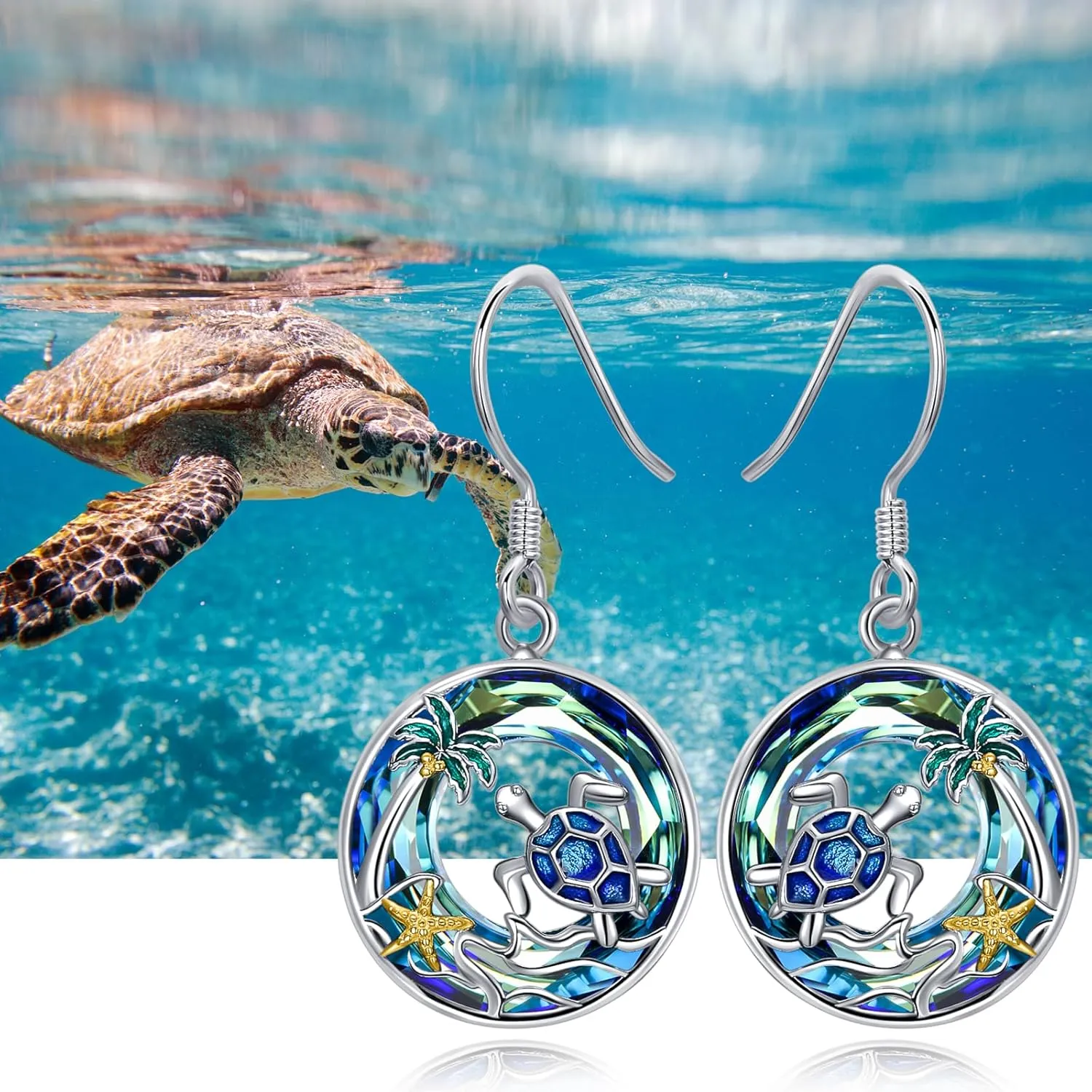 TOUPOP Sea Turtle Dolphin Seahorse Earrings for Women Sterling Silver Tropical Palm Tree Blue Crystal Ocean Jewelry for Her