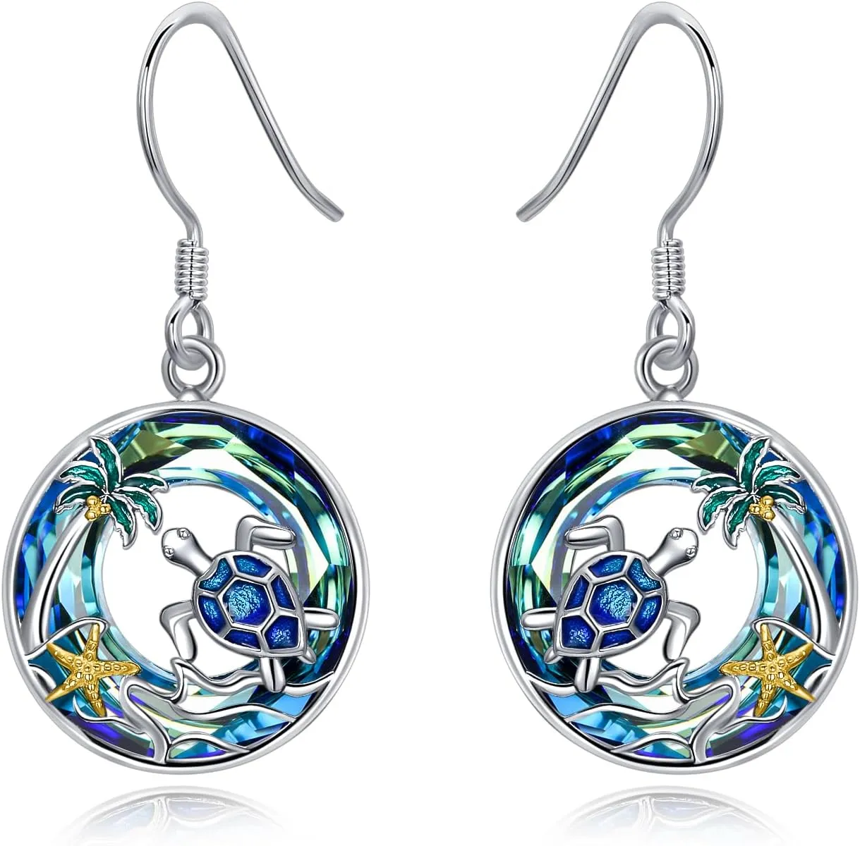TOUPOP Sea Turtle Dolphin Seahorse Earrings for Women Sterling Silver Tropical Palm Tree Blue Crystal Ocean Jewelry for Her