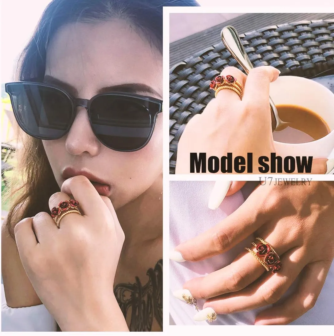 U7 Rose Flower Ring, Stackable Band Ring for Women Girls, Platinum Silver/Gold/Rose Gold Red Signet Rings Adjustable Fit Size 5 to 10