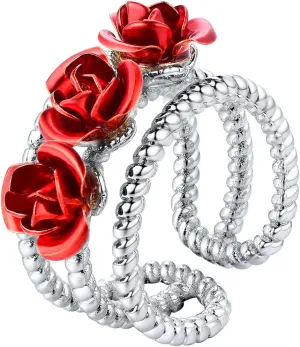 U7 Rose Flower Ring, Stackable Band Ring for Women Girls, Platinum Silver/Gold/Rose Gold Red Signet Rings Adjustable Fit Size 5 to 10