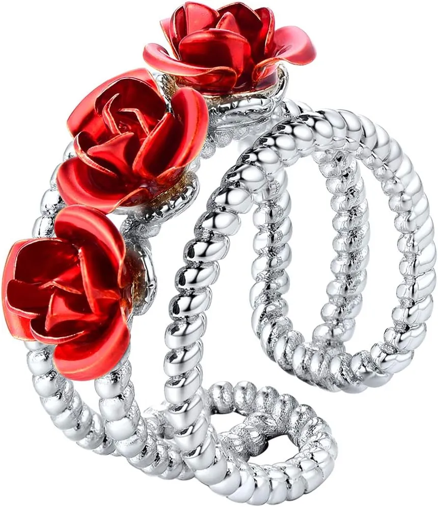 U7 Rose Flower Ring, Stackable Band Ring for Women Girls, Platinum Silver/Gold/Rose Gold Red Signet Rings Adjustable Fit Size 5 to 10