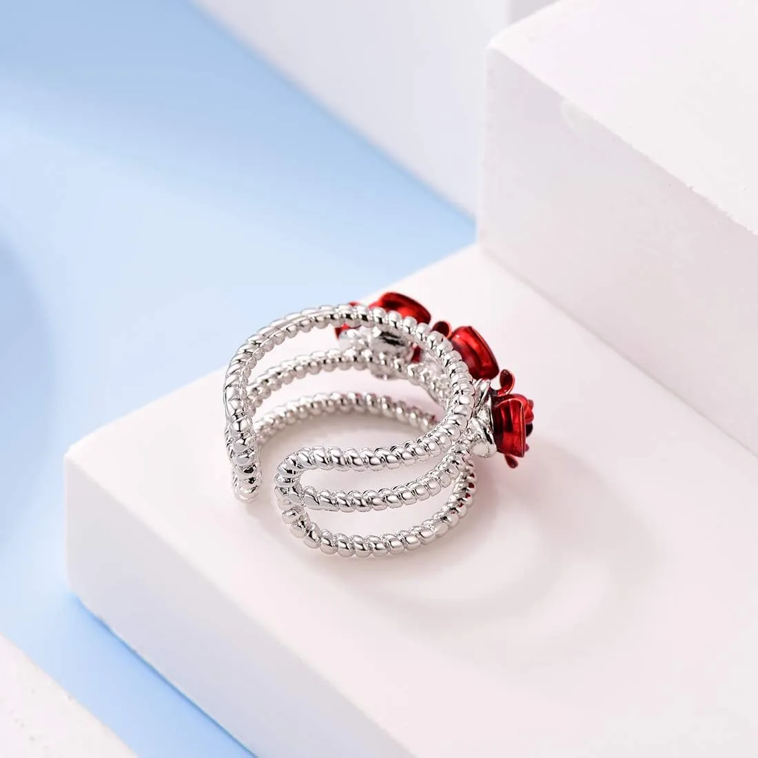 U7 Rose Flower Ring, Stackable Band Ring for Women Girls, Platinum Silver/Gold/Rose Gold Red Signet Rings Adjustable Fit Size 5 to 10