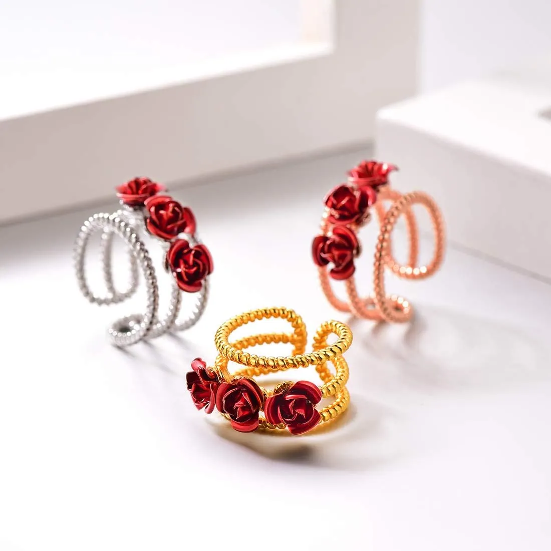U7 Rose Flower Ring, Stackable Band Ring for Women Girls, Platinum Silver/Gold/Rose Gold Red Signet Rings Adjustable Fit Size 5 to 10