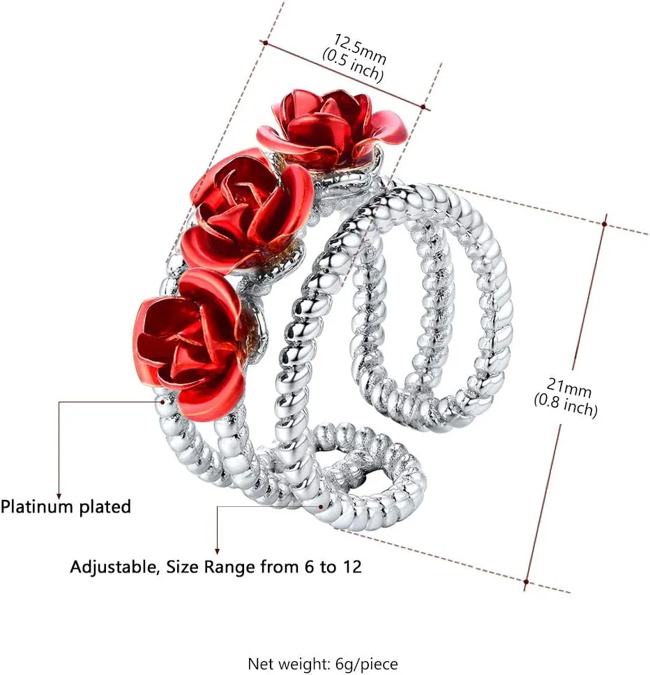U7 Rose Flower Ring, Stackable Band Ring for Women Girls, Platinum Silver/Gold/Rose Gold Red Signet Rings Adjustable Fit Size 5 to 10