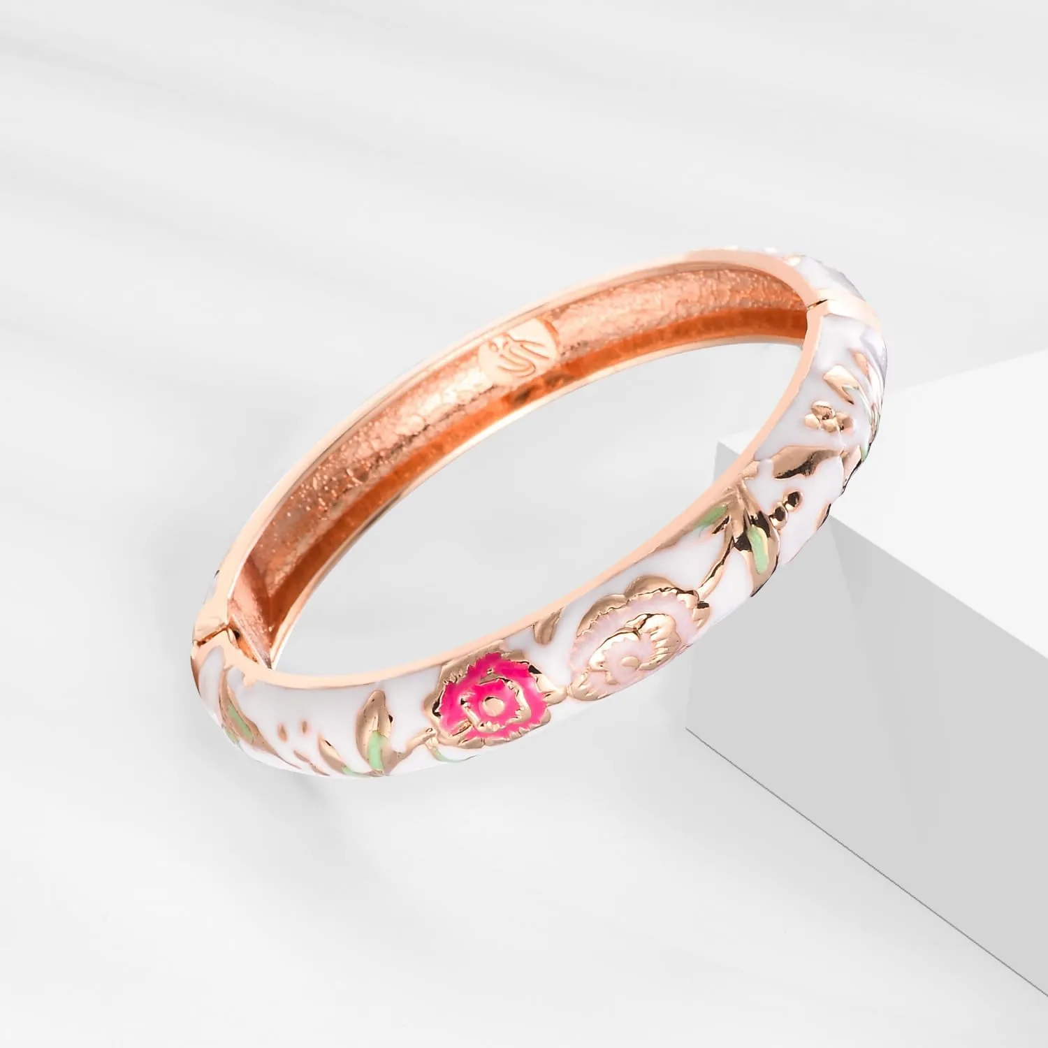 UJOY Bangles 5 Pcs Enamel Jewelry Set Rose Gold Flower Engraved Cloisonne Bracelets Pack in a Box 5PCS