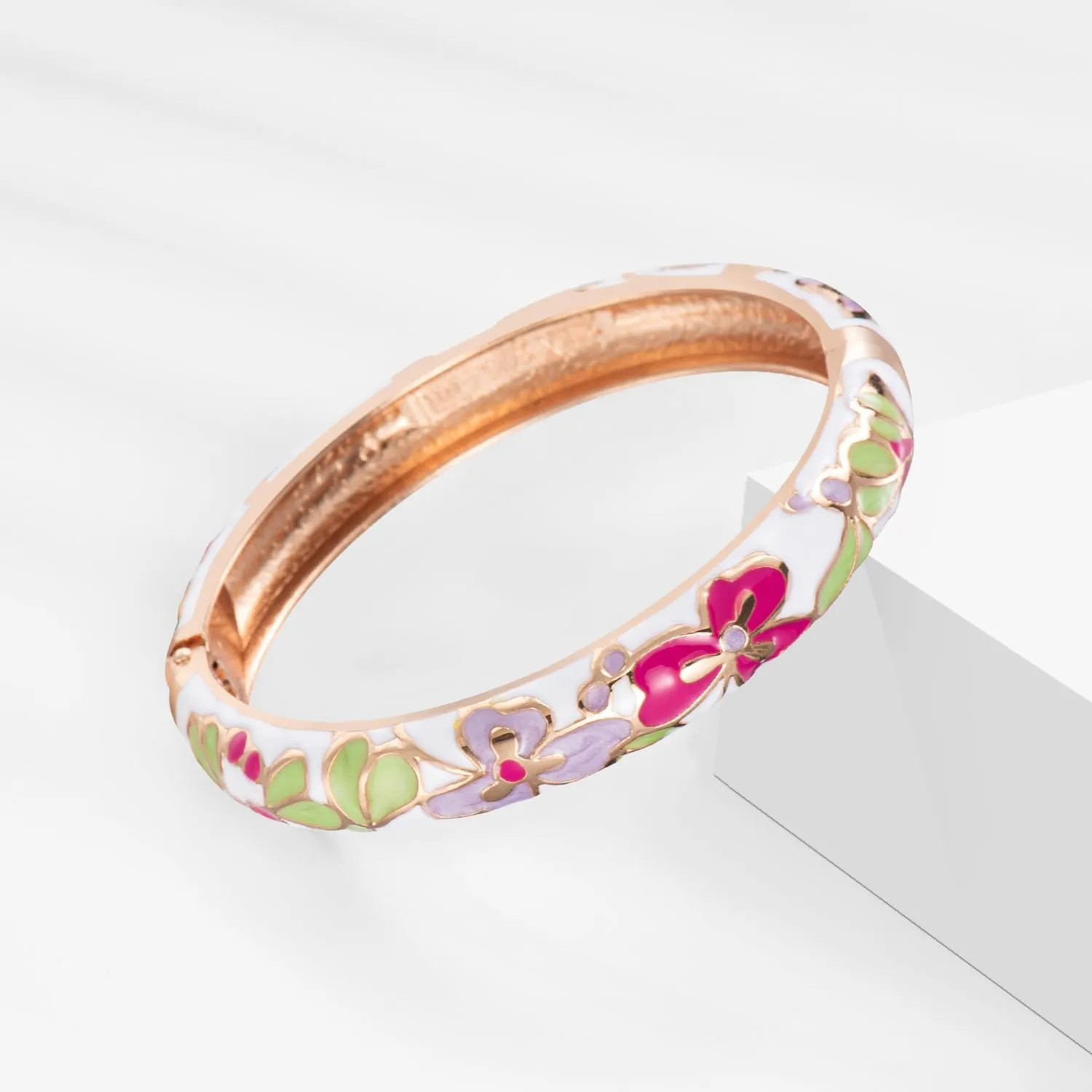 UJOY Bangles 5 Pcs Enamel Jewelry Set Rose Gold Flower Engraved Cloisonne Bracelets Pack in a Box 5PCS
