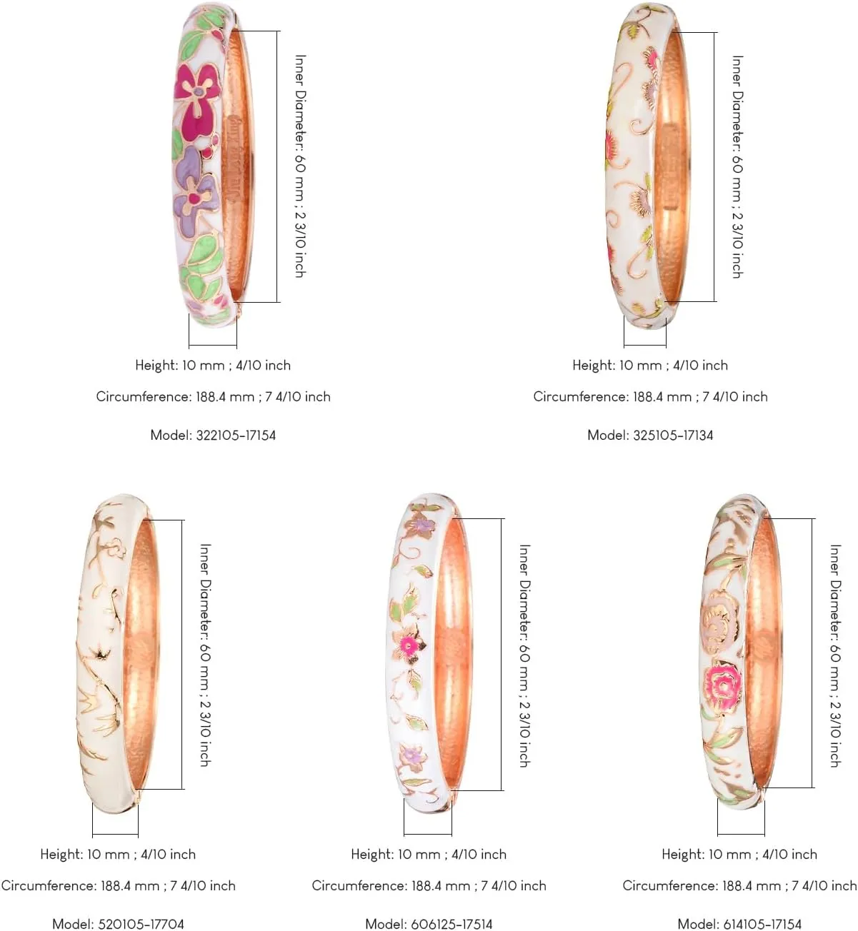 UJOY Bangles 5 Pcs Enamel Jewelry Set Rose Gold Flower Engraved Cloisonne Bracelets Pack in a Box 5PCS