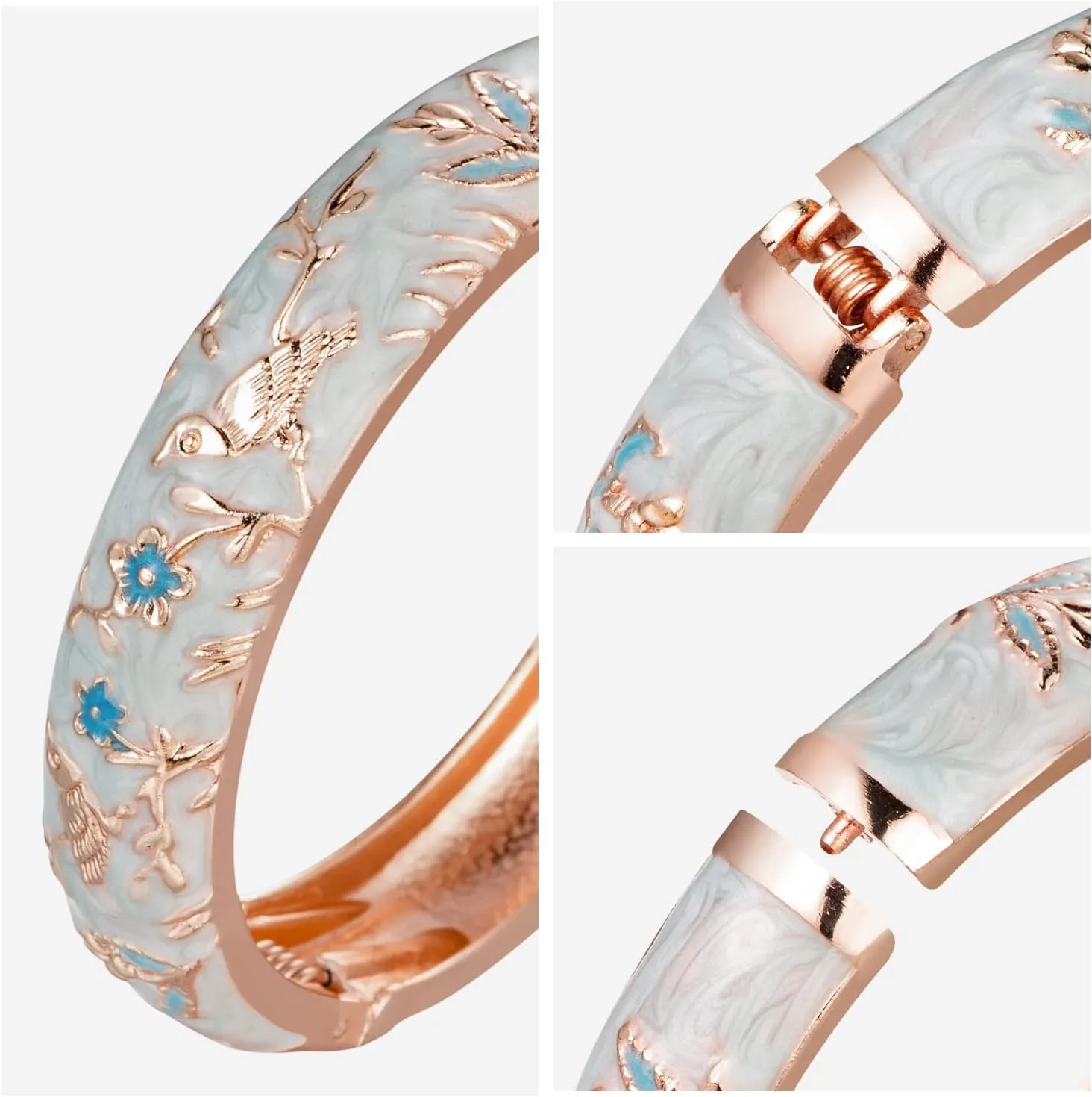 UJOY Colors Handcraft Jewelry Cloisonne Bracelet Enamel Bird Flower Spring Hinged Womens Bangles Gifts Box 55C49