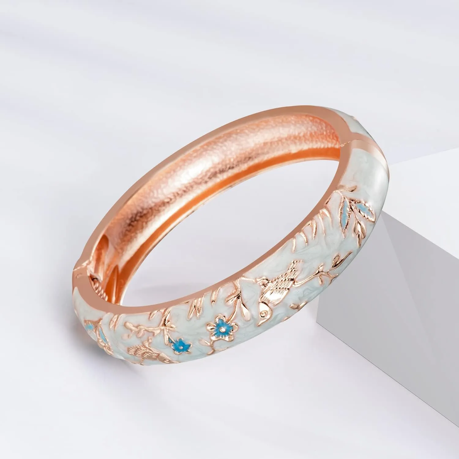 UJOY Colors Handcraft Jewelry Cloisonne Bracelet Enamel Bird Flower Spring Hinged Womens Bangles Gifts Box 55C49