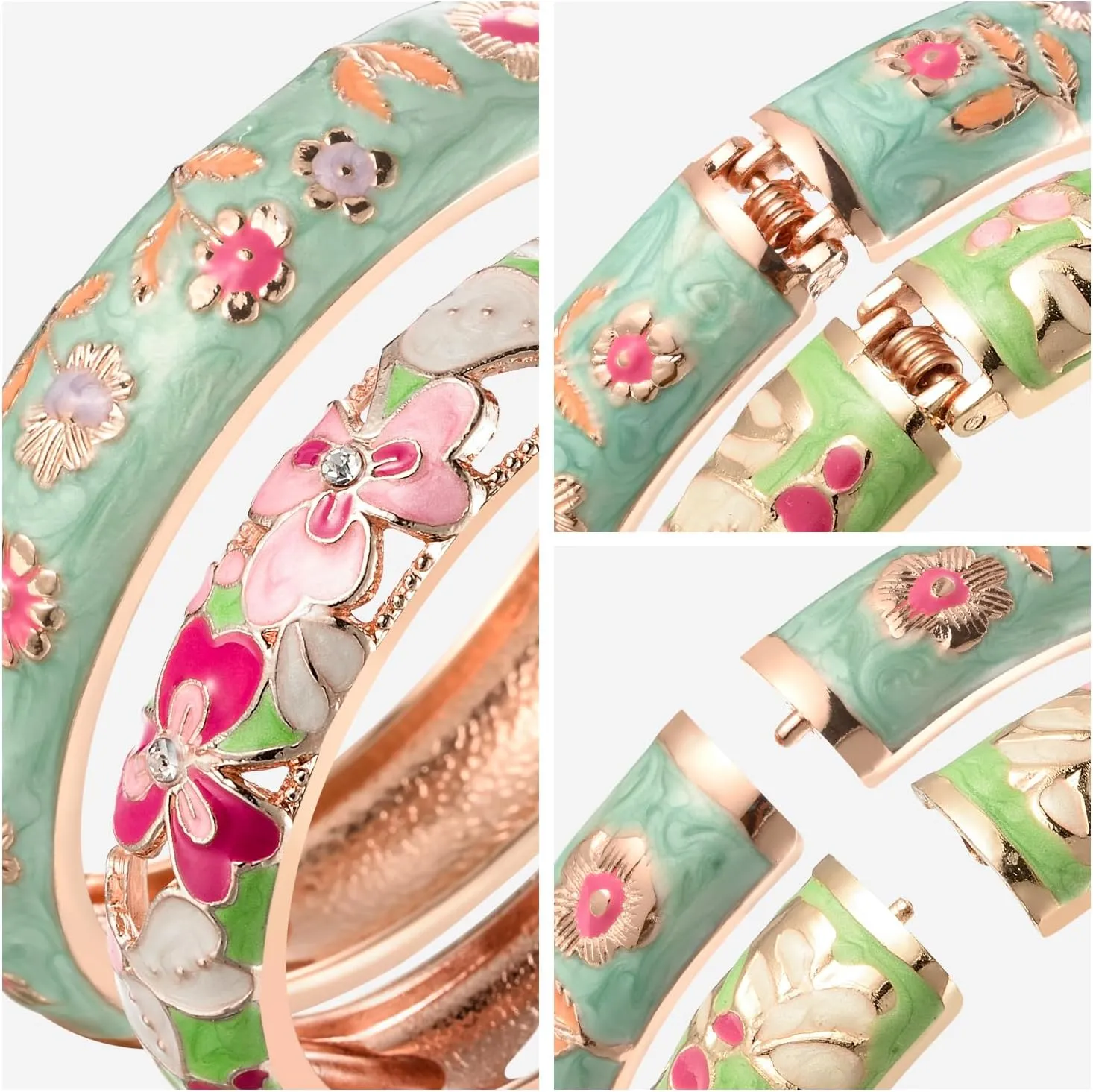 UJOY Handcraft Cloisonne Jewelry Bracelet Colorful Enamel Butterfly Flower Bird Hollowed Spring Hinged Cuff Bangles Women Gifts Pack in Box 88A11